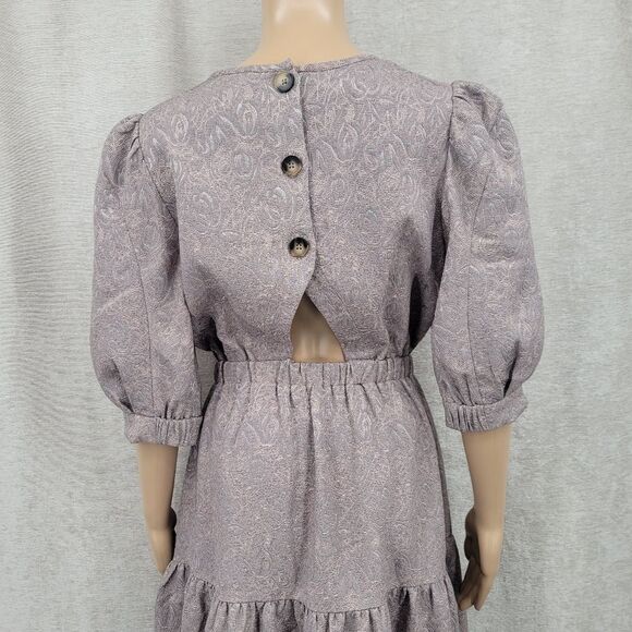 Current Air Taupe Floral Jacquard Puffed Sleeve Teired Midi Dress Back Cutout - Picture 7 of 10